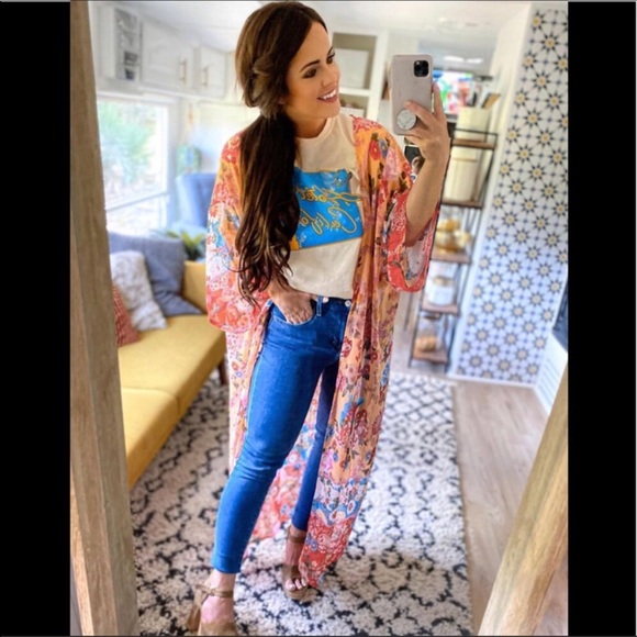 Floral Boho Long Kimono Duster Coverup Robe - Picture 2 of 8